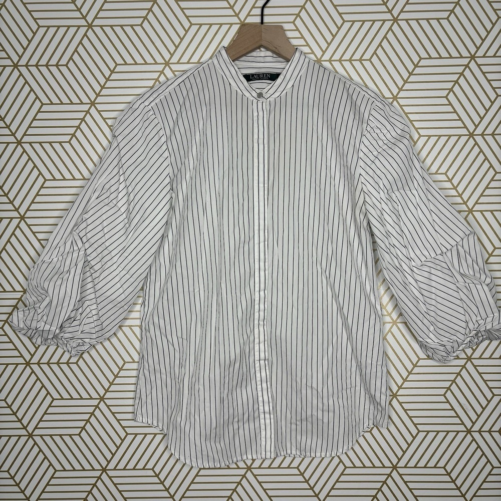 Lauren Ralph Lauren White Pinstripe Blouse Puff Sleeves Medium Preppy Old Money